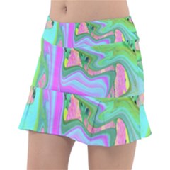 Retro Pink And Light Blue Liquid Art On Hydrangea Garden Tennis Skirt by myrubiogarden