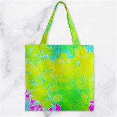 Fluorescent Yellow And Pink Abstract Garden Foliage Zipper Grocery Tote Bag by myrubiogarden