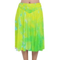 Fluorescent Yellow And Pink Abstract Garden Foliage Velvet Flared Midi Skirt by myrubiogarden
