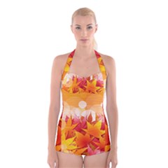 Autumn Background Maple Leaves Bokeh Boyleg Halter Swimsuit  by Wegoenart