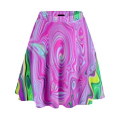 Groovy Pink, Blue And Green Abstract Liquid Art High Waist Skirt by myrubiogarden