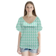 Mint Triangle Shape Pattern V-neck Flutter Sleeve Top by picsaspassion