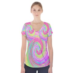 Groovy Abstract Pink And Blue Liquid Swirl Painting Short Sleeve Front Detail Top by myrubiogarden