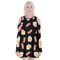 Bacon And Egg Pop Art Pattern Velvet Long Sleeve Shoulder Cutout Dress by Valentinaart