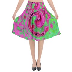 Groovy Abstract Green And Red Lava Liquid Swirl Flared Midi Skirt by myrubiogarden