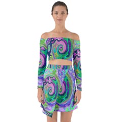 Groovy Abstract Aqua And Navy Lava Liquid Swirl Off Shoulder Top With Skirt Set by myrubiogarden