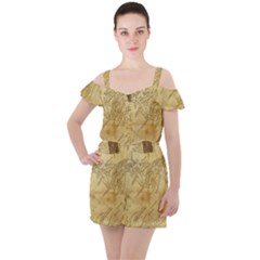 Vintage Map Background Paper Ruffle Cut Out Chiffon Playsuit by Pakrebo