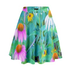 White And Purple Coneflowers And Yellow Rudbeckia High Waist Skirt by myrubiogarden