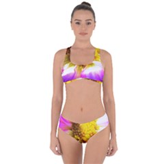 Purple, Pink And White Dahlia With A Bright Yellow Center Criss Cross Bikini Set by myrubiogarden