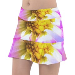 Purple, Pink And White Dahlia With A Bright Yellow Center Tennis Skirt by myrubiogarden