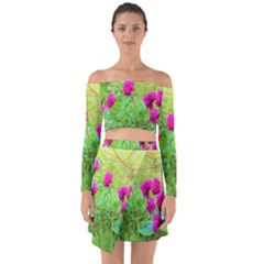 Impressionistic Purple Peonies With Green Hostas Off Shoulder Top With Skirt Set by myrubiogarden
