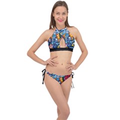 Graffiti Urban Colorful Graffiti Cartoon Fish Cross Front Halter Bikini Set by genx