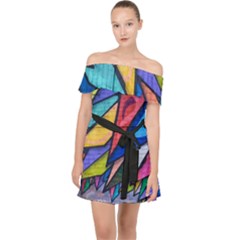 Urban Colorful Graffiti Brick Wall Industrial Scale Abstract Pattern Off Shoulder Chiffon Dress by genx