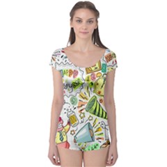 Doodle New Year Party Celebration Boyleg Leotard  by Pakrebo