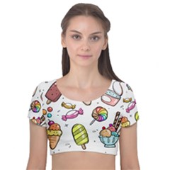 Doodle Cartoon Drawn Cone Food Velvet Short Sleeve Crop Top  by Pakrebo