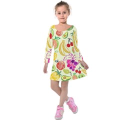 Seamless Pattern Fruit Kids  Long Sleeve Velvet Dress by Mariart