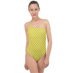 Yellow Polka Dot Classic One Shoulder Swimsuit by retrotoomoderndesigns