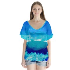 Blue Sky Artwork Drawing Painting V-neck Flutter Sleeve Top by Pakrebo