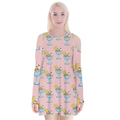 Ice Cream Sundae Pink Velvet Long Sleeve Shoulder Cutout Dress by snowwhitegirl
