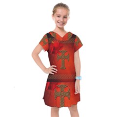 Wonderful Celtic Cross On Vintage Background Kids  Drop Waist Dress by FantasyWorld7