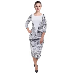 Line Art Architecture Church Quarter Sleeve Midi Velour Bodycon Dress by Sudhe