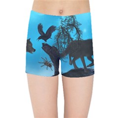 Awesome Black Wolf With Crow And Spider Kids  Sports Shorts by FantasyWorld7