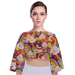 Rainbow Vintage Retro Style Kids Rainbow Vintage Retro Style Kid Funny Pattern With 80s Clouds Tie Back Butterfly Sleeve Chiffon Top by genx