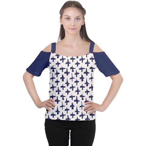 Pattern Ink Blue Navy Crosses Grunge Flesh And Navy Pattern Ink Crosses Grunge Flesh Beige Background Cutout Shoulder Tee by genx