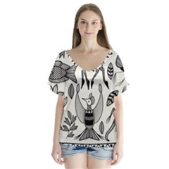 African Senufo Korhogo Tribal Ethnic Art  V-neck Flutter Sleeve Top by BluedarkArt
