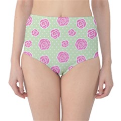Roses Flowers Pink And Pastel Lime Green Pattern With Retro Dots Classic High-waist Bikini Bottoms by genx