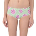 Roses flowers pink and pastel lime green pattern with retro dots Mid-Waist Bikini Bottoms View1