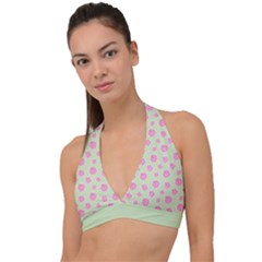 Roses Flowers Pink And Pastel Lime Green Pattern With Retro Dots Halter Plunge Bikini Top by genx