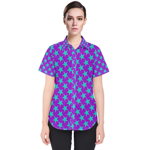 Turquoise Stars Pattern On Purple Women s Short Sleeve Shirt by BrightVibesDesign