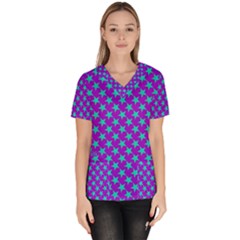 Turquoise Stars Pattern On Purple Women s V-neck Scrub Top by BrightVibesDesign