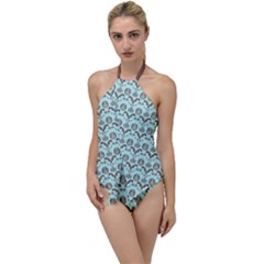 Easter Damask Pattern Robins Egg Blue And Brown Go With The Flow One Piece Swimsuit by emilyzragz