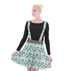 Easter Damask Pattern Robins Egg Blue And Brown Suspender Skater Skirt by emilyzragz