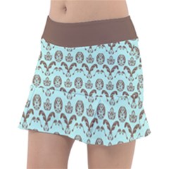 Easter Damask Pattern Robins Egg Blue And Brown Tennis Skirt by emilyzragz