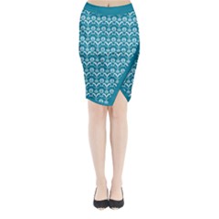 Easter Damask Pattern Deep Teal Blue And White Midi Wrap Pencil Skirt by emilyzragz