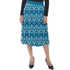 Easter Damask Pattern Deep Teal Blue And White Classic Velour Midi Skirt  by emilyzragz