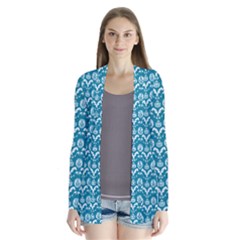 Easter Damask Pattern Deep Teal Blue And White Drape Collar Cardigan by emilyzragz