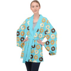 Donuts Pattern With Bites Bright Pastel Blue And Brown Velvet Kimono Robe by genx