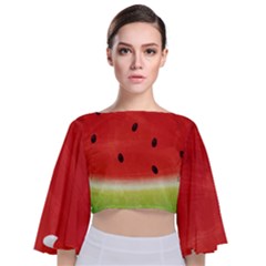 Juicy Paint Texture Watermelon Red And Green Watercolor Tie Back Butterfly Sleeve Chiffon Top by genx