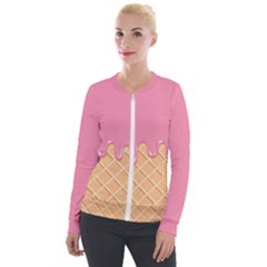 Ice Cream Pink Melting Background With Beige Cone Velour Zip Up Jacket by genx