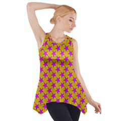 Pink Stars Pattern On Yellow Side Drop Tank Tunic by BrightVibesDesign