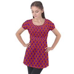 Purple Stars Pattern On Orange Puff Sleeve Tunic Top by BrightVibesDesign
