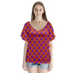Purple Stars Pattern On Orange V-neck Flutter Sleeve Top by BrightVibesDesign