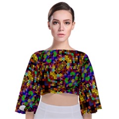 Color Mosaic Background Wall Tie Back Butterfly Sleeve Chiffon Top by Pakrebo