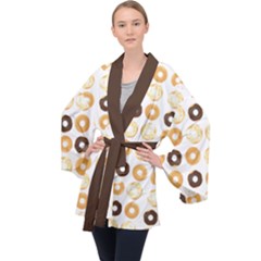 Donuts Pattern With Bites Bright Pastel Blue And Brown Cropped Sweatshirt Velvet Kimono Robe by genx