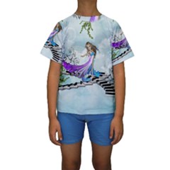 Cute Fairy Dancing On A Piano Kids  Short Sleeve Swimwear by FantasyWorld7