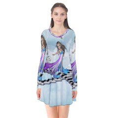 Cute Fairy Dancing On A Piano Long Sleeve V-neck Flare Dress by FantasyWorld7